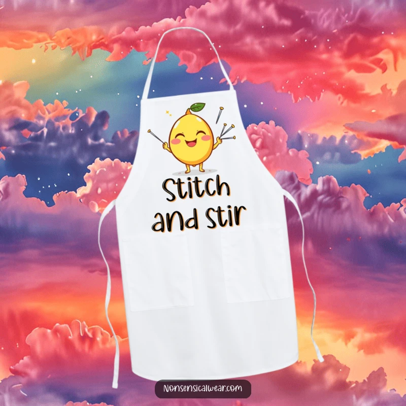 Funny apron featuring a happy lemon character with a silly grin, juggling sharp sewing needles, making sewing fun.