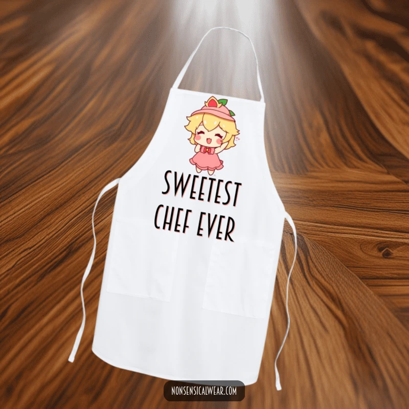 Funny peach character enthusiastically trying on a small hat on a practical kitchen apron, adding fruity fun.