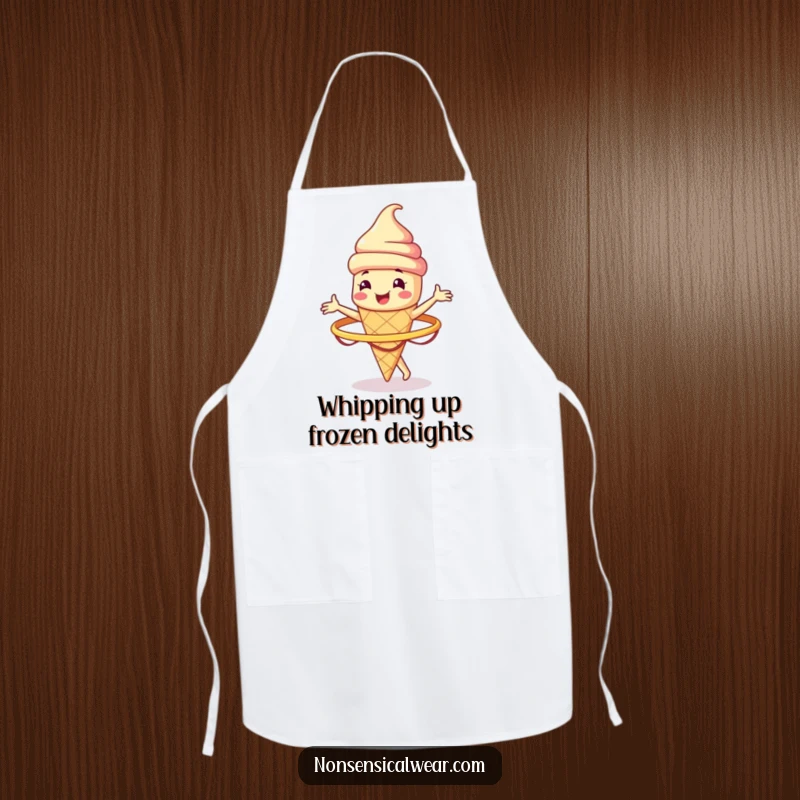 Funny smiling ice cream cone character spinning a hula hoop on a practical kitchen apron, offering humorous cool vibes.