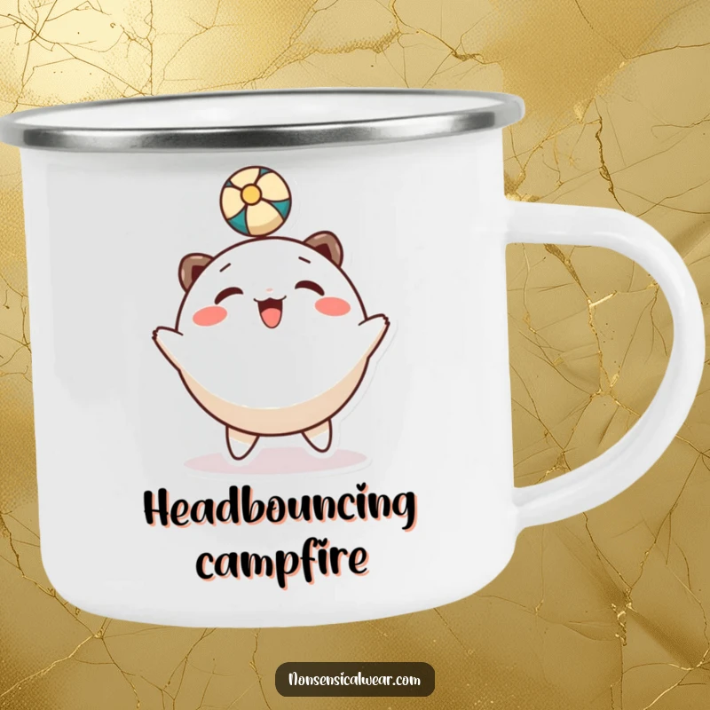 Funny camping mug: a round, smiling character gleefully bounces a ball with its head, perfect for outdoors.