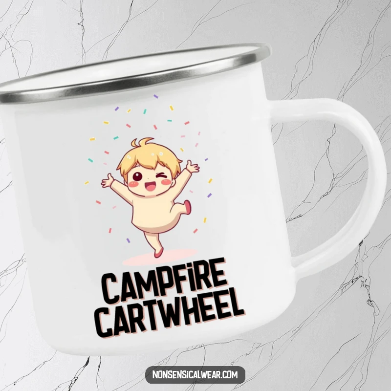 Funny camping mug: a cute kawaii character joyfully does a cartwheel and throws confetti, perfect for outdoors.