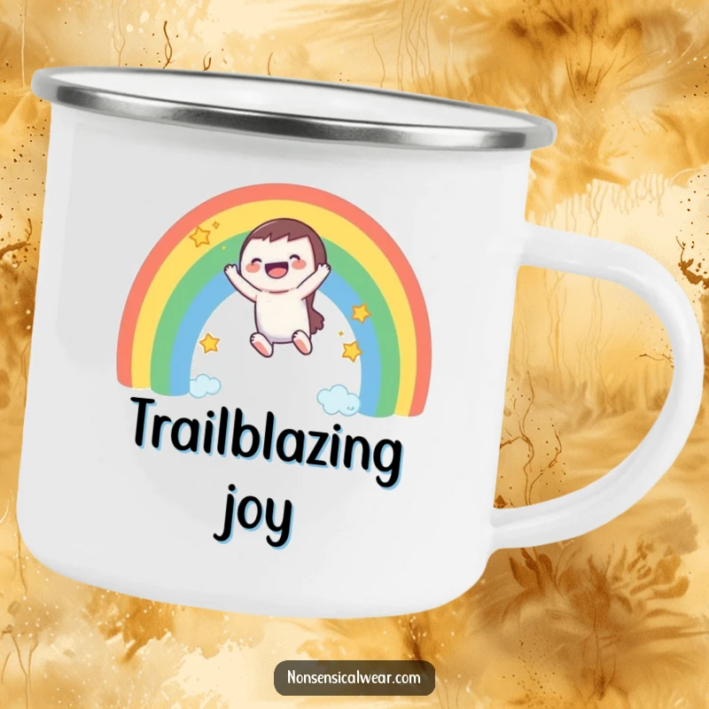 Funny camping mug: a laughing character slides down a rainbow, perfect for enjoying drinks outdoors.