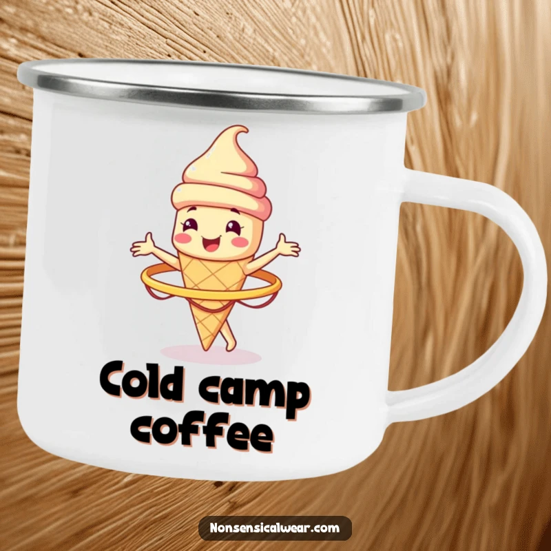 Funny smiling ice cream cone character spinning a hula hoop on an enamel camping mug, a humorous outdoor companion.