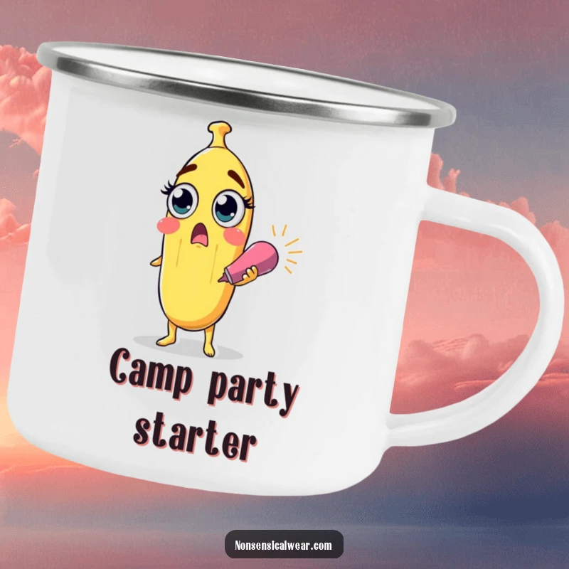 Funny surprised banana character with wide eyes holding a party popper on an enamel camping mug, a humorous outdoor companion.