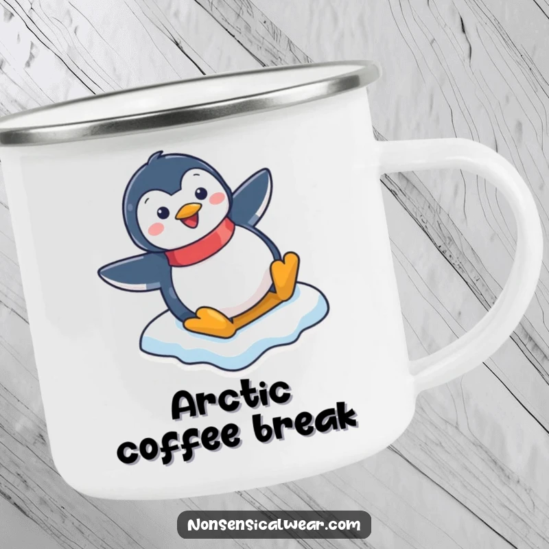 Funny camping mug featuring a happy penguin character sliding down an icy slope, ready for outdoor fun.