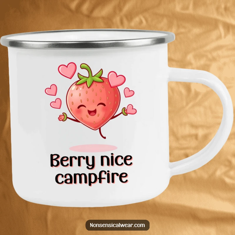 Funny cheerful strawberry character joyfully juggling hearts on a rugged camping mug, bringing sweet love to the wild.