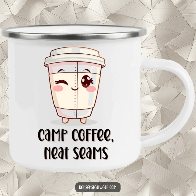 Funny camping mug featuring a winking coffee cup character proudly displaying a perfectly sewn seam, ideal for outdoor crafting.