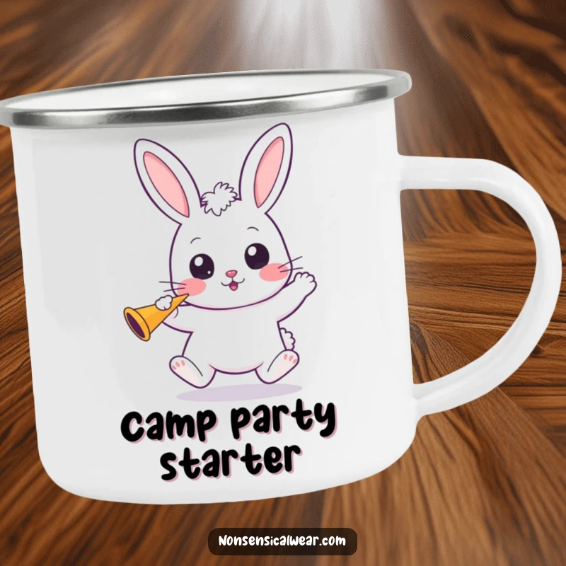 Funny Kawaii Bunny Camping Mug: A wide-eyed kawaii bunny holds a party horn, perfect for festive drinks outdoors.