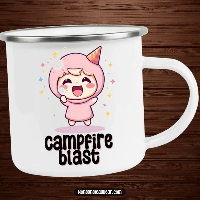 Funny camping mug with an energetic character firing a party popper, perfect for outdoor enthusiasts who enjoy a laugh.