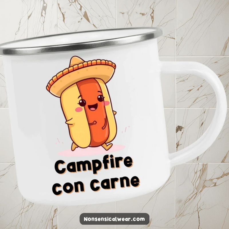 Funny hot dog camping mug showing a cheerful hot dog in a sombrero tripping over its bun in a wilderness setting.
