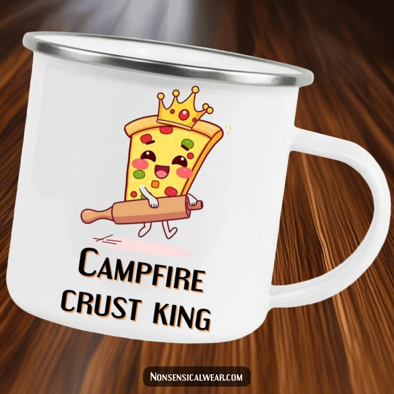 Funny pizza camping mug showing a giggling pizza slice with a crown riding a runaway rolling pin in a wilderness setting.