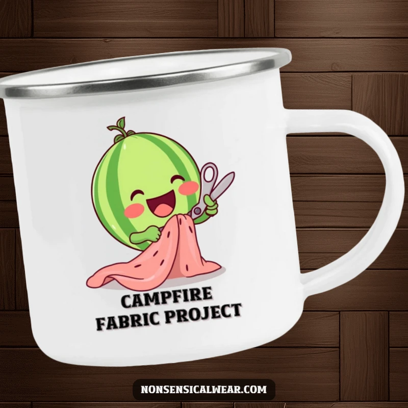 Funny watermelon character enthusiastically cutting fabric with scissors on a durable camping mug, perfect for outdoor crafting.