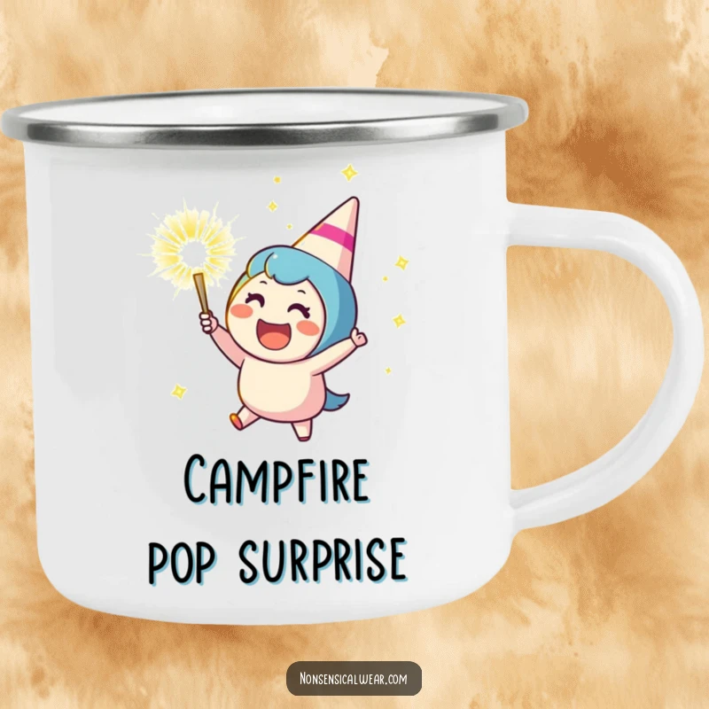 Funny camping mug with a cheering character launching a sparkling party popper, perfect for outdoor adventures and enjoying beverages with festive cheer.