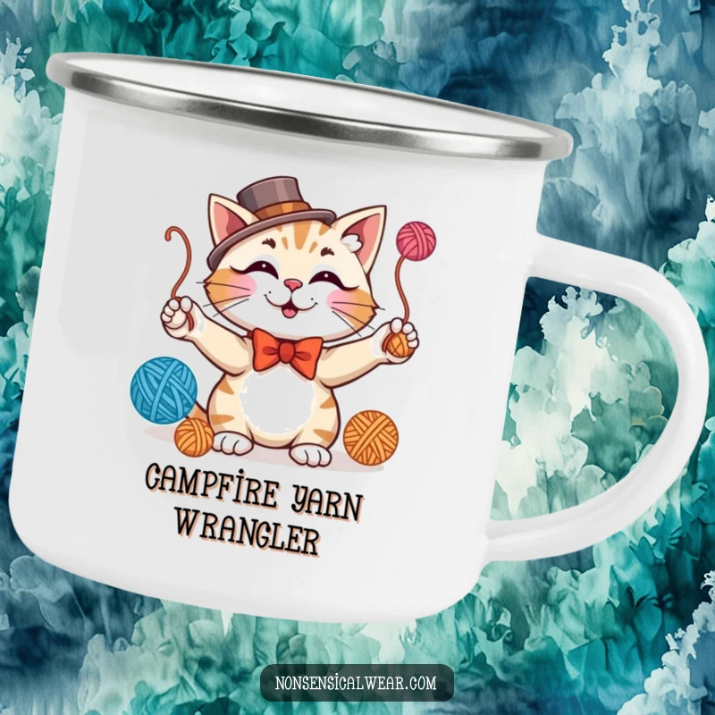 Funny camping mug with a dapper cat in a bowtie and top hat juggling yarn balls, perfect for outdoor charm.