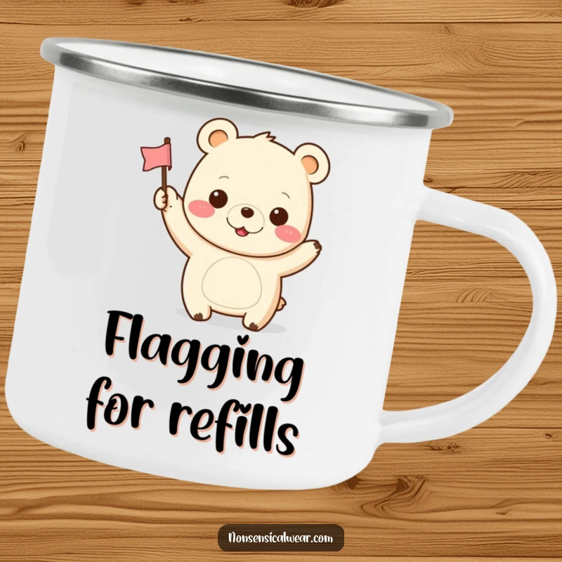 Funny Kawaii Bear Camping Mug: A cheerful kawaii bear waves a flag, perfect for hot beverages on outdoor adventures.