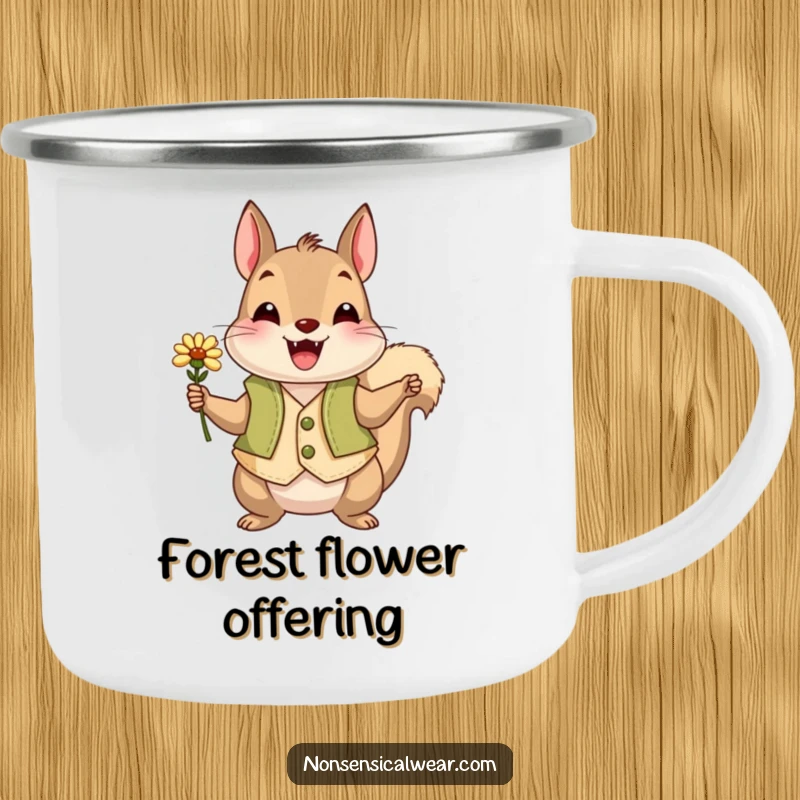 Funny squirrel wearing a vest and holding a flower, a humorous camping mug for charming outdoor sips.