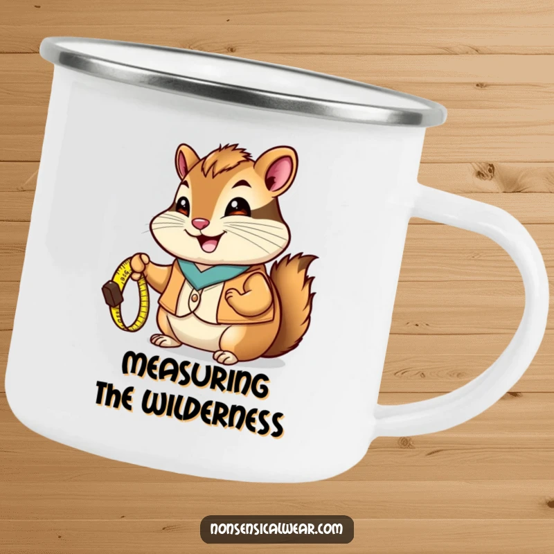 Funny Chipmunk Camping Mug: A chipmunk in a vest holds a tiny measuring tape, ready for outdoor projects.