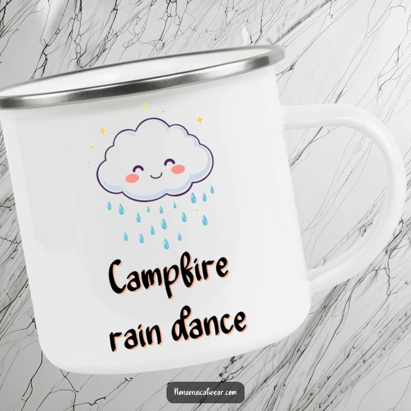 Funny camping mug featuring a cute, smiling cloud character showering gentle, sparkling raindrops, perfect for cheerful outdoor sipping.