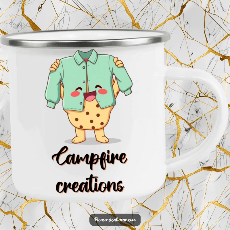 Funny camping mug featuring a happy cookie character holding a finished craft, perfect for outdoor adventures and warm drinks.