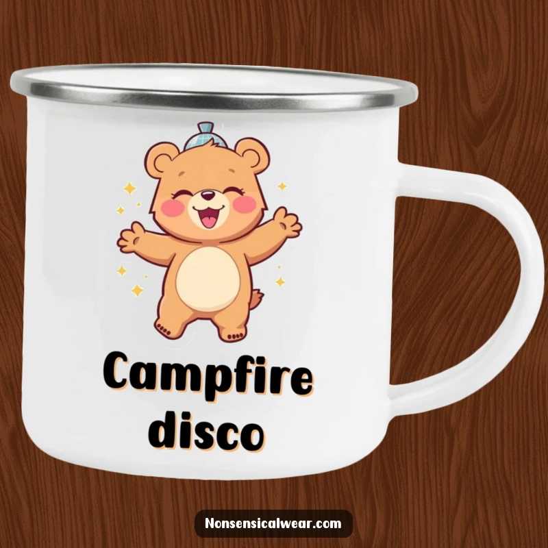 Funny camping mug with a cheerful bear character gleefully dancing with a disco ball, ready for campfire celebrations.