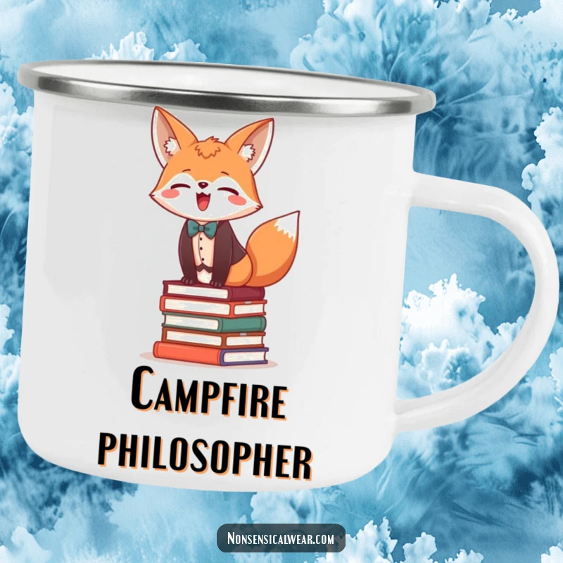 Funny camping mug illustration of a giggling fox in a vest and bow tie, balancing on books.