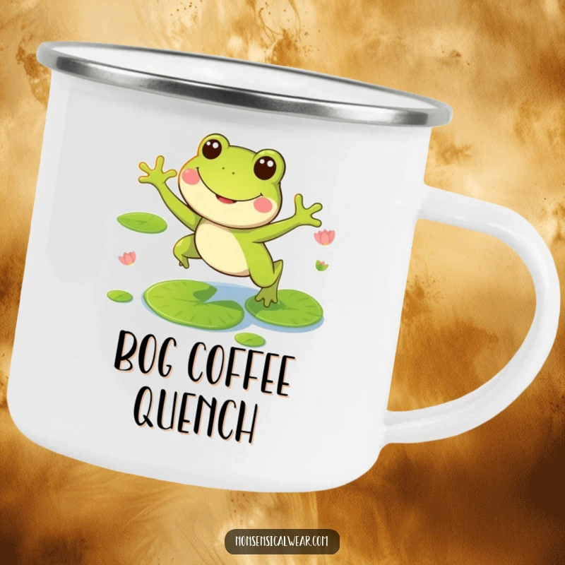 Funny camping mug featuring a smiling frog character leaping on lily pads, perfect for outdoor enjoyment.