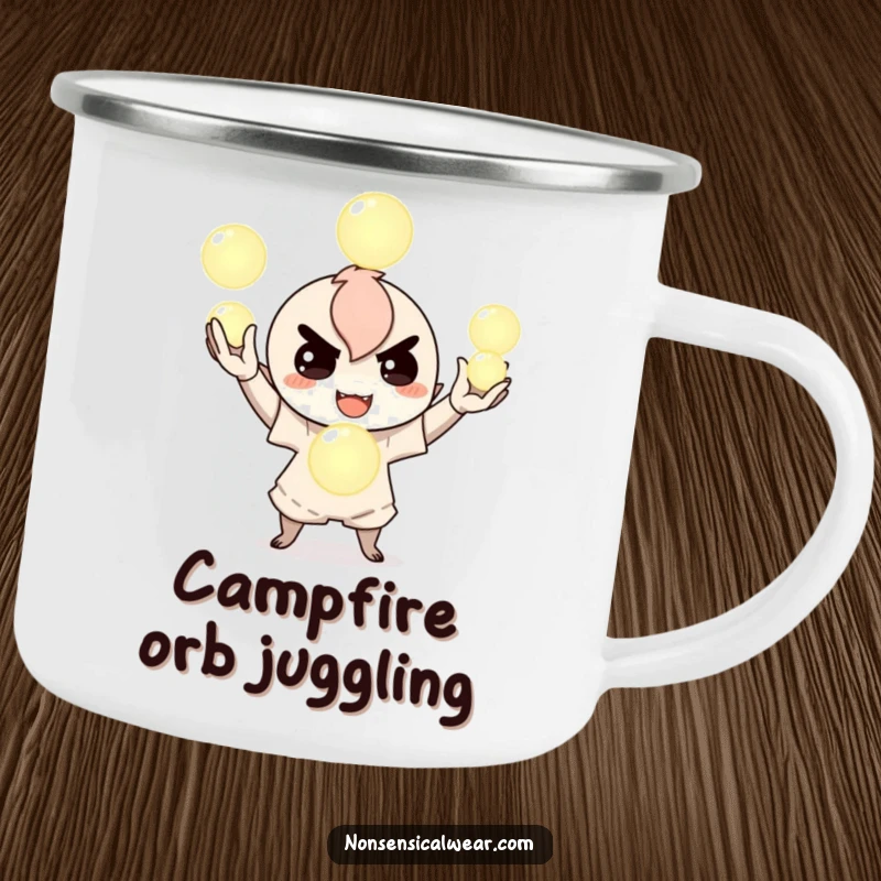 Funny camping mug with a mischievous character juggling luminous orbs, perfect for outdoor adventures and enjoying beverages with a touch of magic, a cool mug.