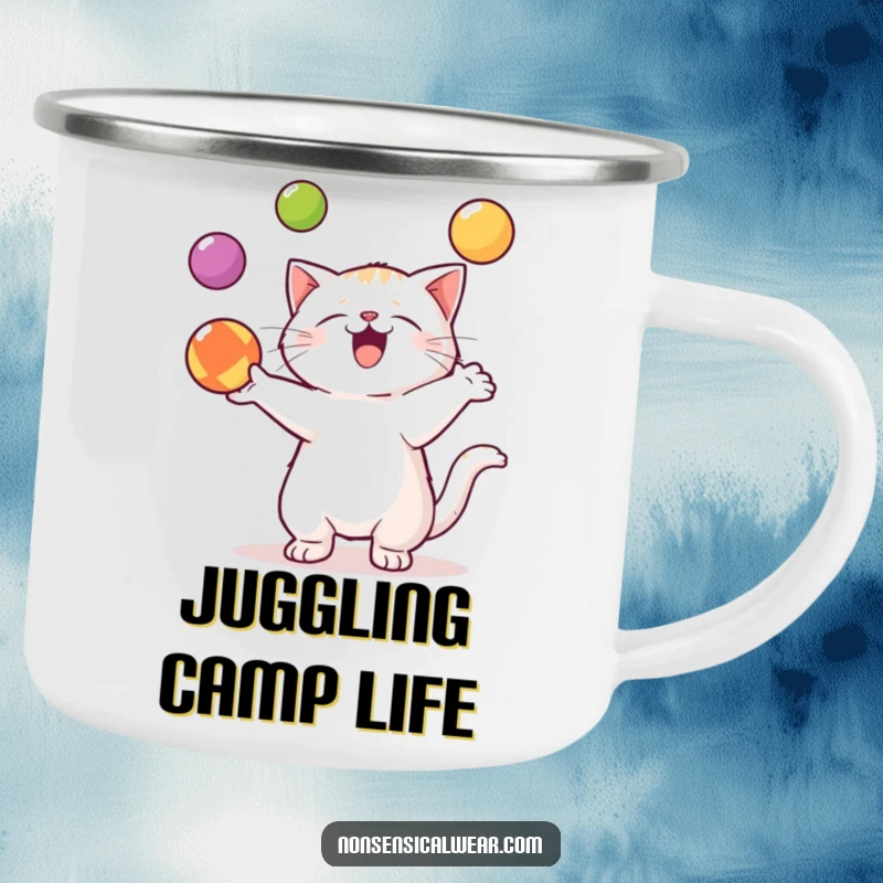 Funny Kawaii Cat Camping Mug: A juggling kawaii cat is ready for adventure, perfect for hot beverages.
