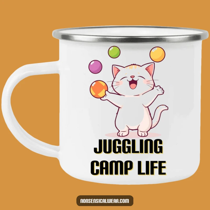 Funny Kawaii Cat Camping Mug: Talented Adventures with Juggling Feline Paws