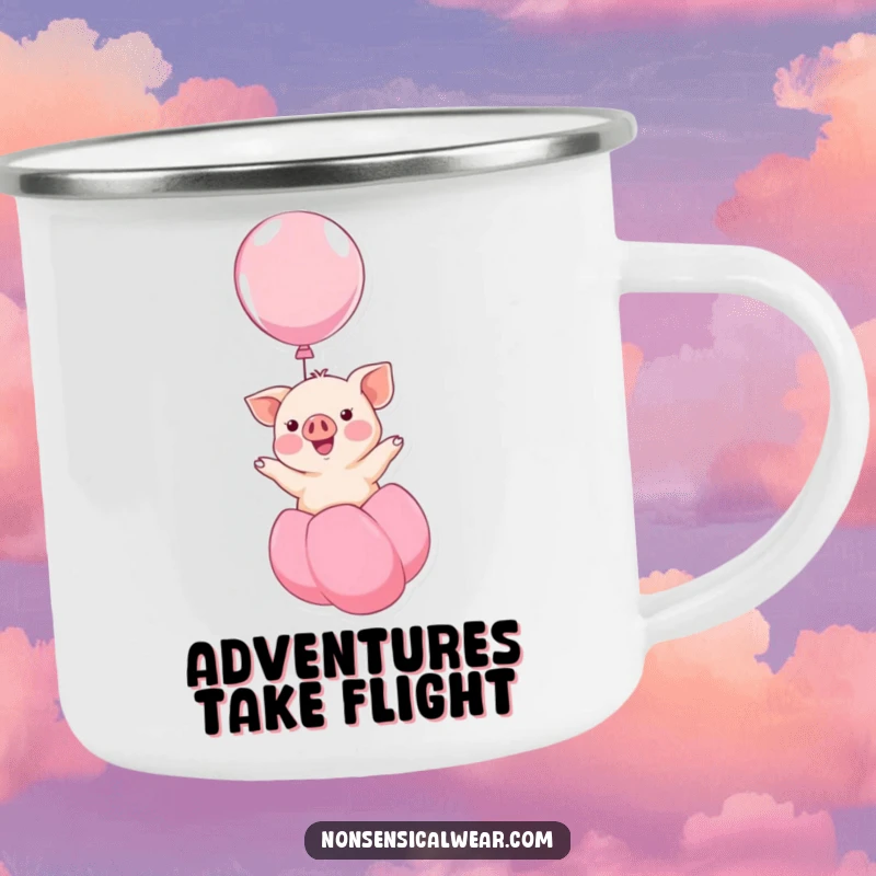Funny kawaii piglet smiling and floating upwards on a balloon, a humorous and adventurous design on this durable camping mug, great for travel.