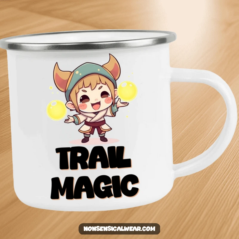 Funny camping mug with a sly character juggling three luminous orbs, perfect for adventurers who enjoy a touch of playful magic.