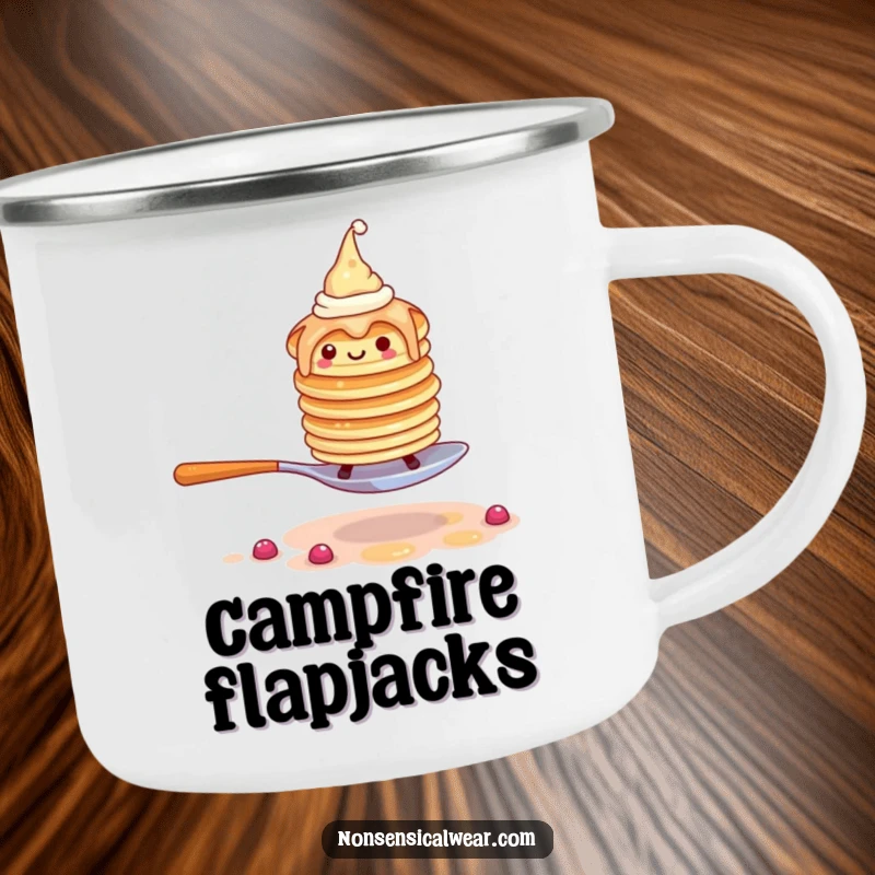 Funny pancake camping mug showing a wobbly stack in tiny hats attempting to walk on a spoon outdoors.