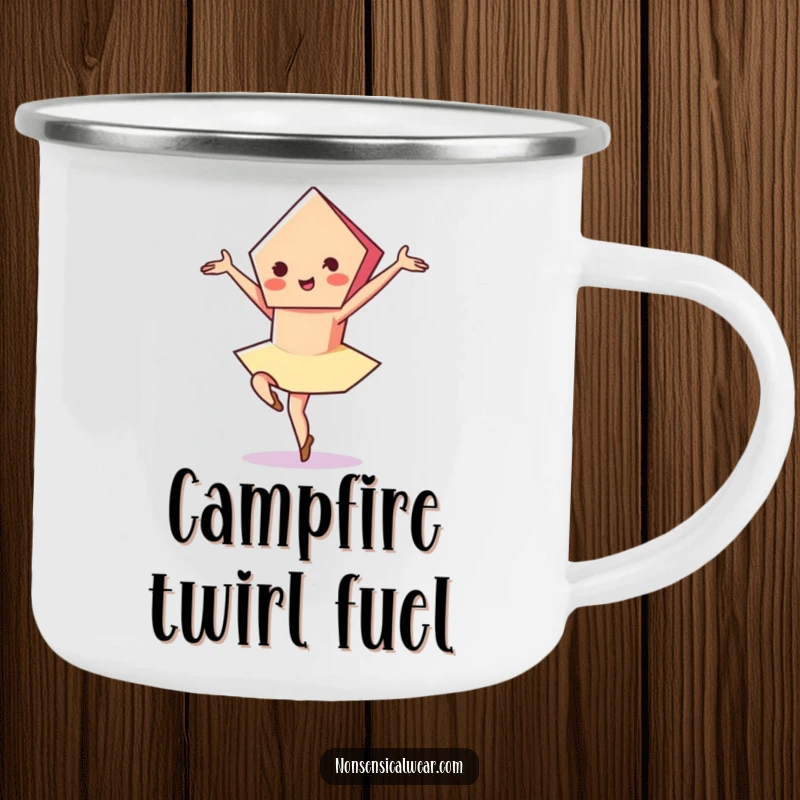Funny camping mug featuring a vibrant pentagon character mid-pirouette, designed for durable outdoor use with an elegant flair.