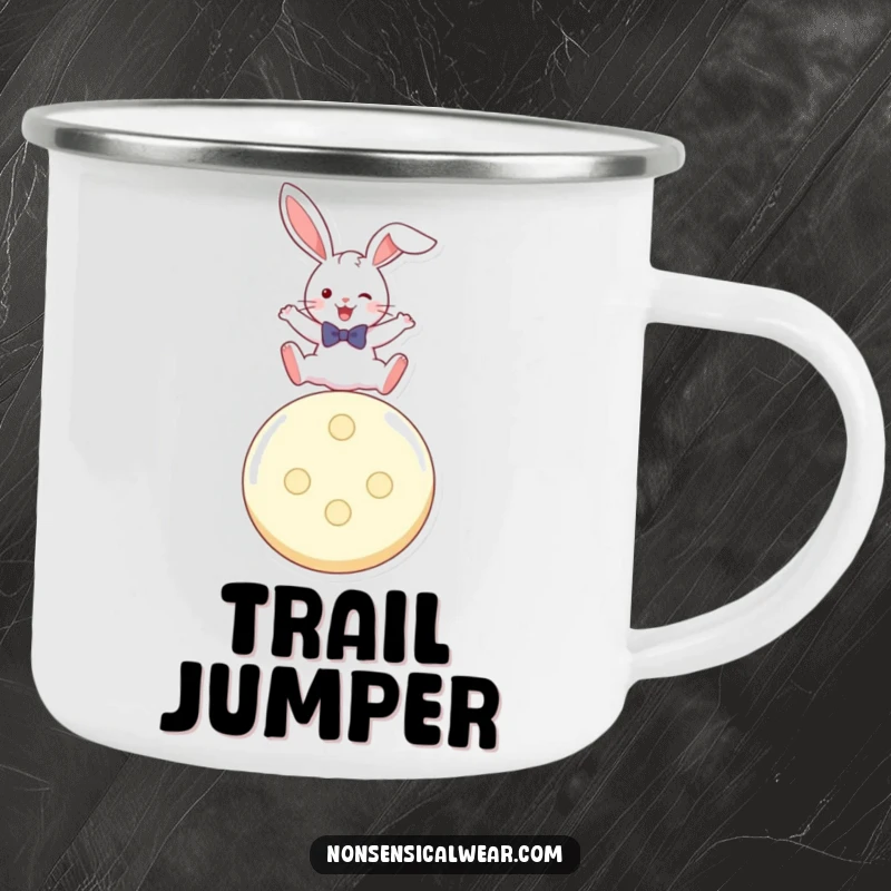 Funny camping mug illustration of a playful rabbit in a bow tie, leaping over a giant button.