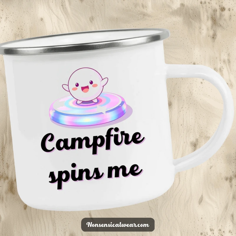 Funny Camping Mug: A playful, spherical character gleefully spinning on a vibrant, iridescent platform, great for adventures.