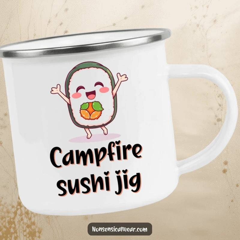 Funny camping mug featuring a delighted sushi roll character doing a joyful dance, perfect for outdoor fun and food enthusiasts.