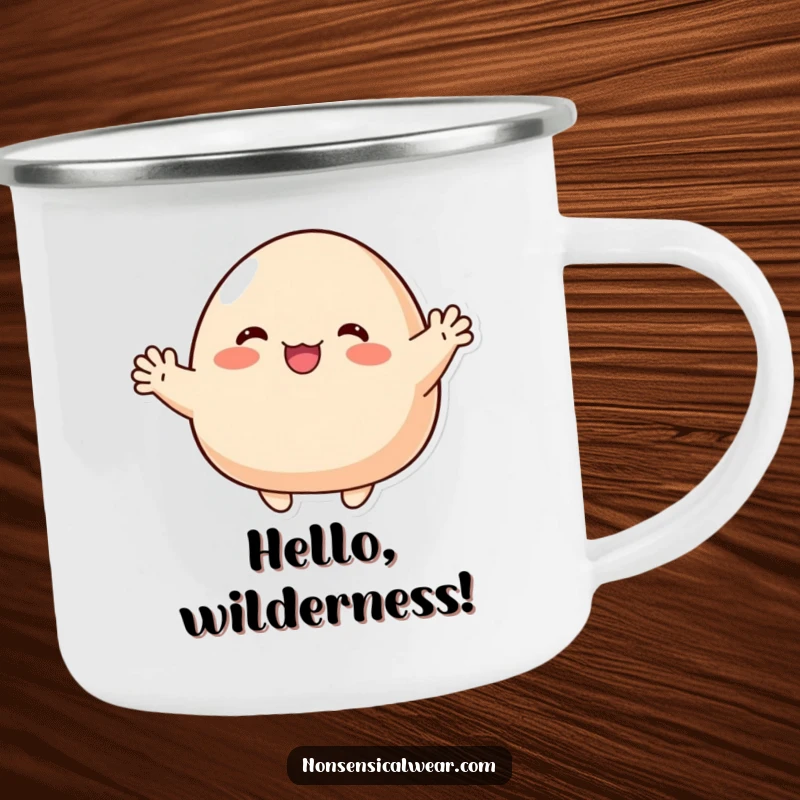 Funny Camping Mug: A cute blob character enthusiastically waving with tiny, stubby arms, perfect for outdoor greetings.