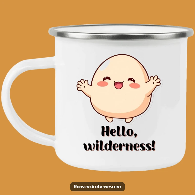 Funny Waving Blob Character Camping Mug - Friendly Greetings Around the Fire