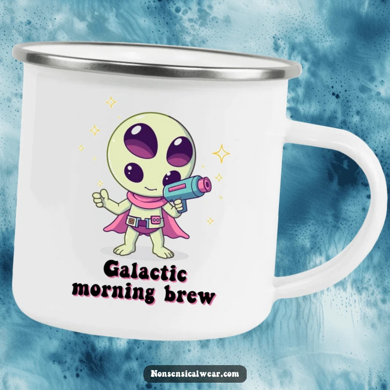 Funny kawaii alien waving a ray gun shooting sparkles, a humorous and adventurous design on this durable camping mug, great for travel.