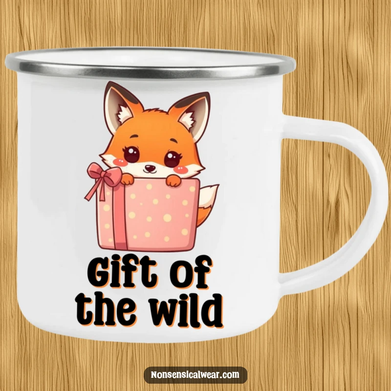 Funny kawaii fox peeking from behind a big gift, a humorous and adventurous design on this durable camping mug, great for travel.