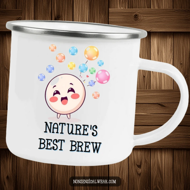 Funny Camping Mug: A delighted circle character blowing a stream of colorful, floating bubbles, perfect for outdoor adventures.