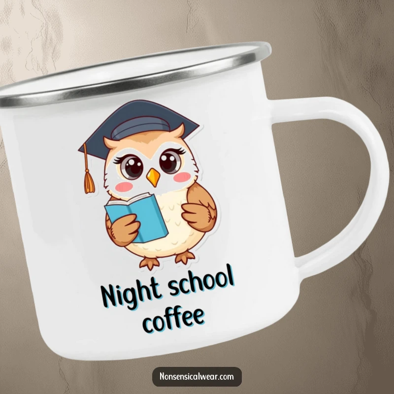 Funny camping mug featuring a round owl wearing a graduation cap and holding a book, for wise outdoor enjoyment.