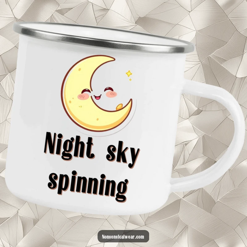 Funny camping mug with a happy crescent moon character winking and spinning, ready for starry night adventures.