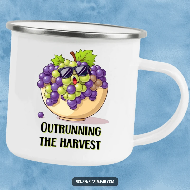 Funny grapes camping mug showing startled grapes in sunglasses escaping a giant fruit bowl in a wilderness setting.