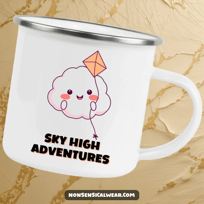 Funny camping mug with a smiling cloud character happily floating with a kite, ready for outdoor relaxation.