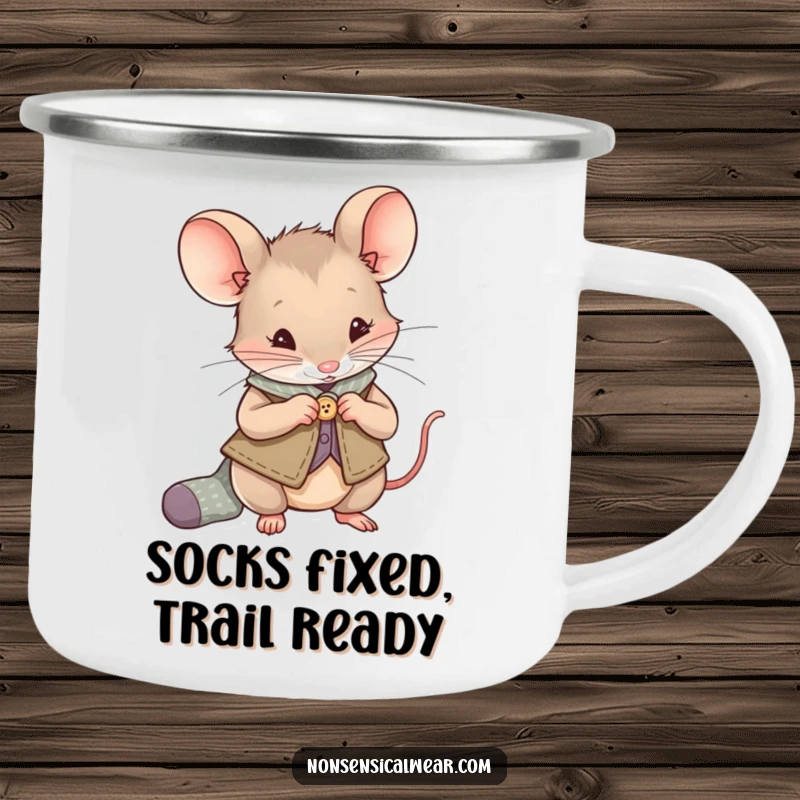 Funny Mouse Camping Mug: A mouse in a vest sews a button onto a sock, ready for outdoor crafting inspiration.