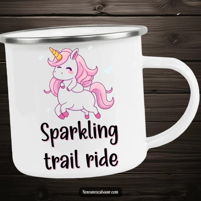Funny camping mug with a giggling character riding a unicorn made of bubbles, perfect for outdoor adventures and enjoying beverages with a touch of magic.