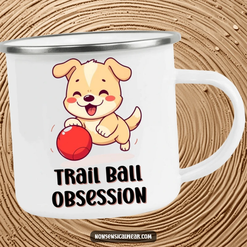 Funny Kawaii Dog Camping Mug: An excited kawaii dog chases a ball, perfect for hot beverages on adventures.