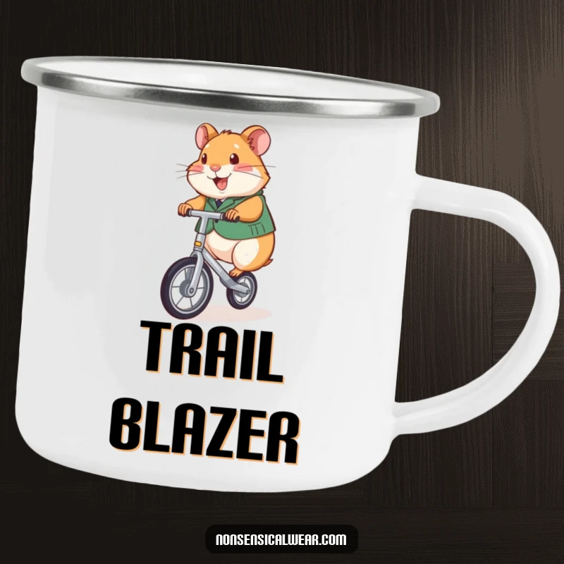 Funny camping mug illustration of a happy hamster in a vest, riding a unicycle in nature.