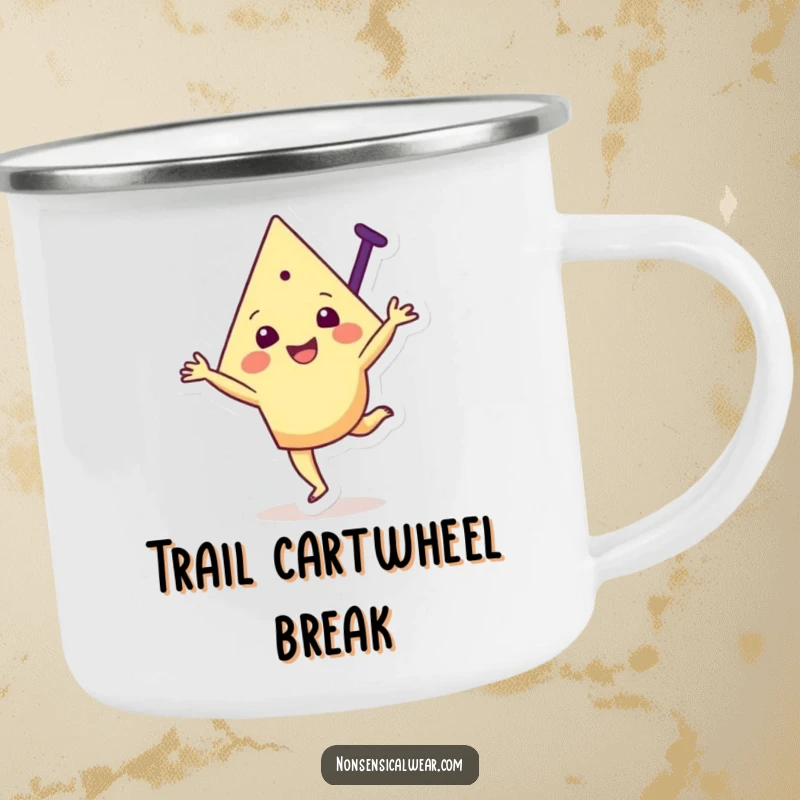 Funny camping mug featuring a joyful triangular character mid-cartwheel, designed for durable outdoor use with a fun twist.